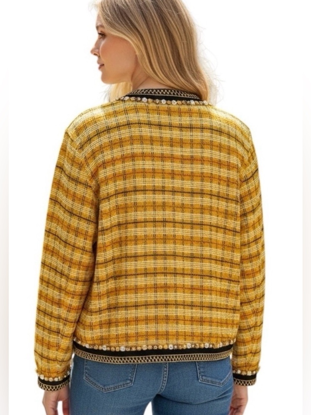 Alex Kim Vtg. Embellished Plaid Open Front Jacket Yellow, Black, Beaded Missy L - Picture 3 of 13